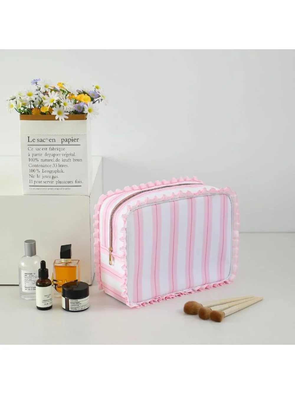 Chic Pink Stripe Ruffled Makeup Bag | Stylish Cosmetic Organizer & Travel Case